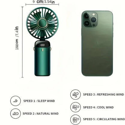 All - in - One Portable Mini Fan – Rechargeable, LED Night Light, 6 Speeds, Quiet & Foldable Design for Travel, Desk, or Bedroom - Shoppure Co